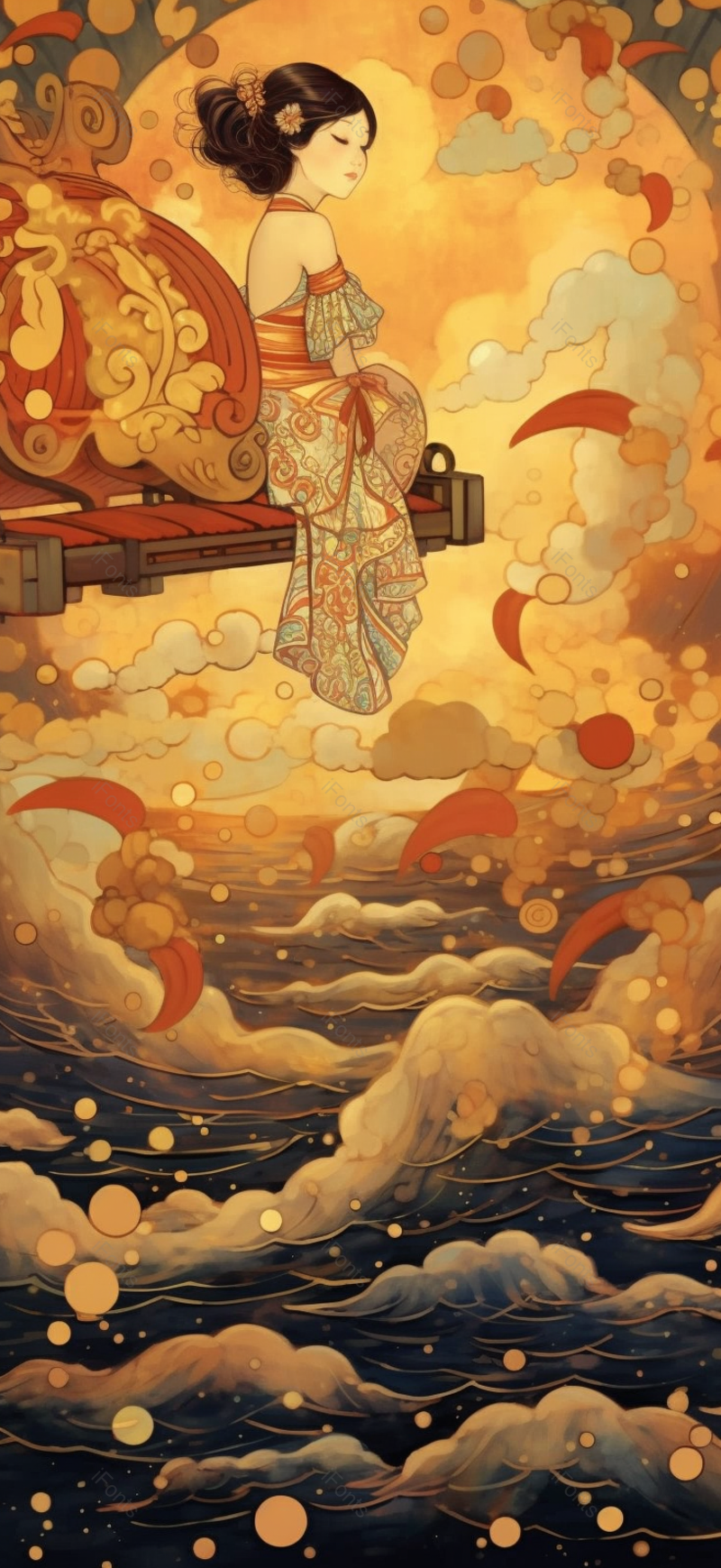 女人坐桥头古典祥云国潮风中国风传统文化节日插画,插画/手绘图,插画/手绘图库,插画/手绘图下载,插画/手绘